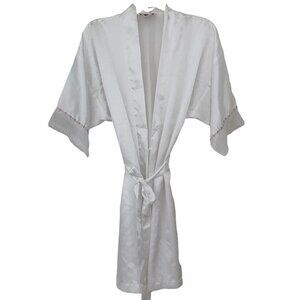 California Dynasty VTG White Satin Lace Floral Embellished Belted Bridal Robe S